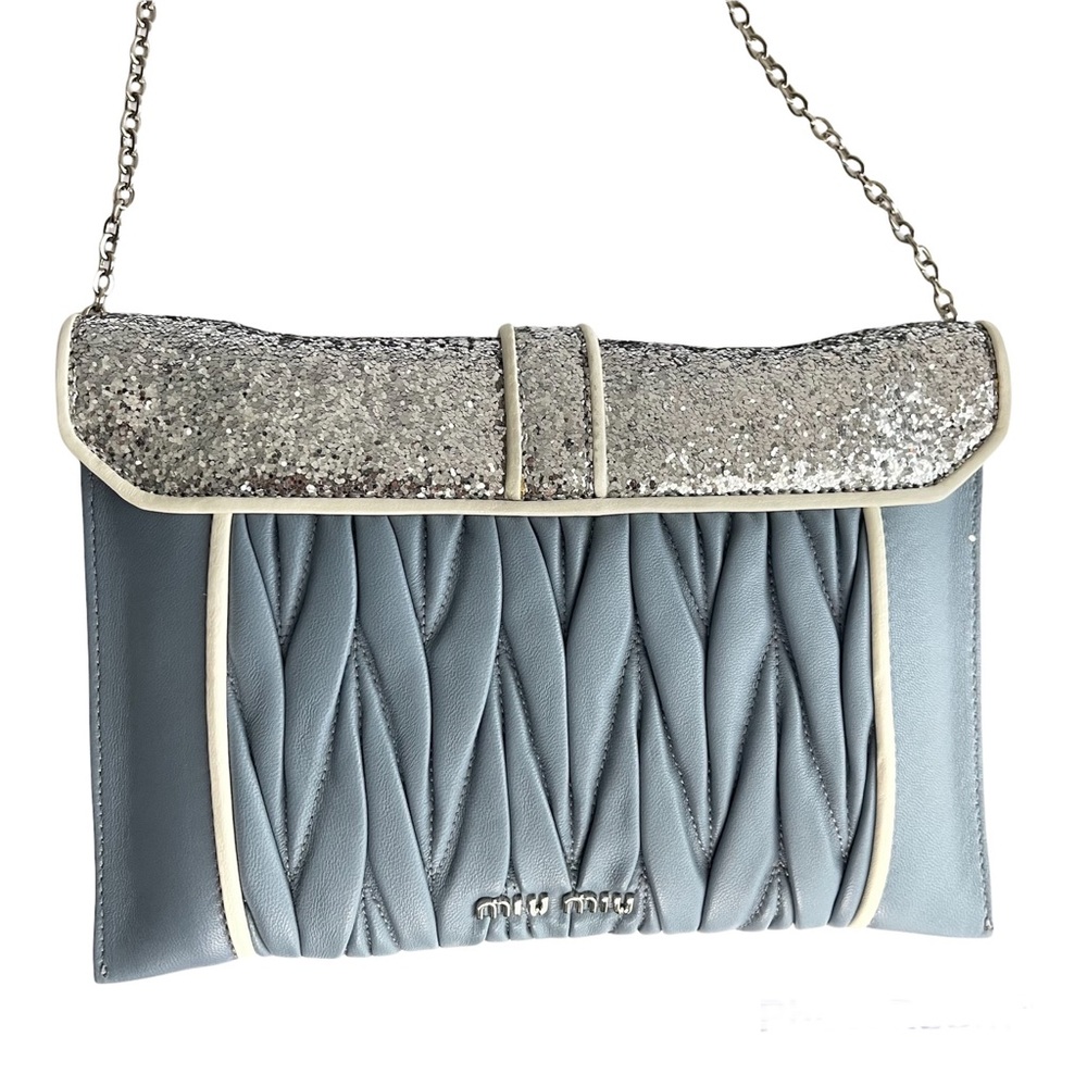 Miu Miu Light Blue & Silver Leather Crossbody Bag Matelasse Clutch Madras Chain - Picture 7 of 8